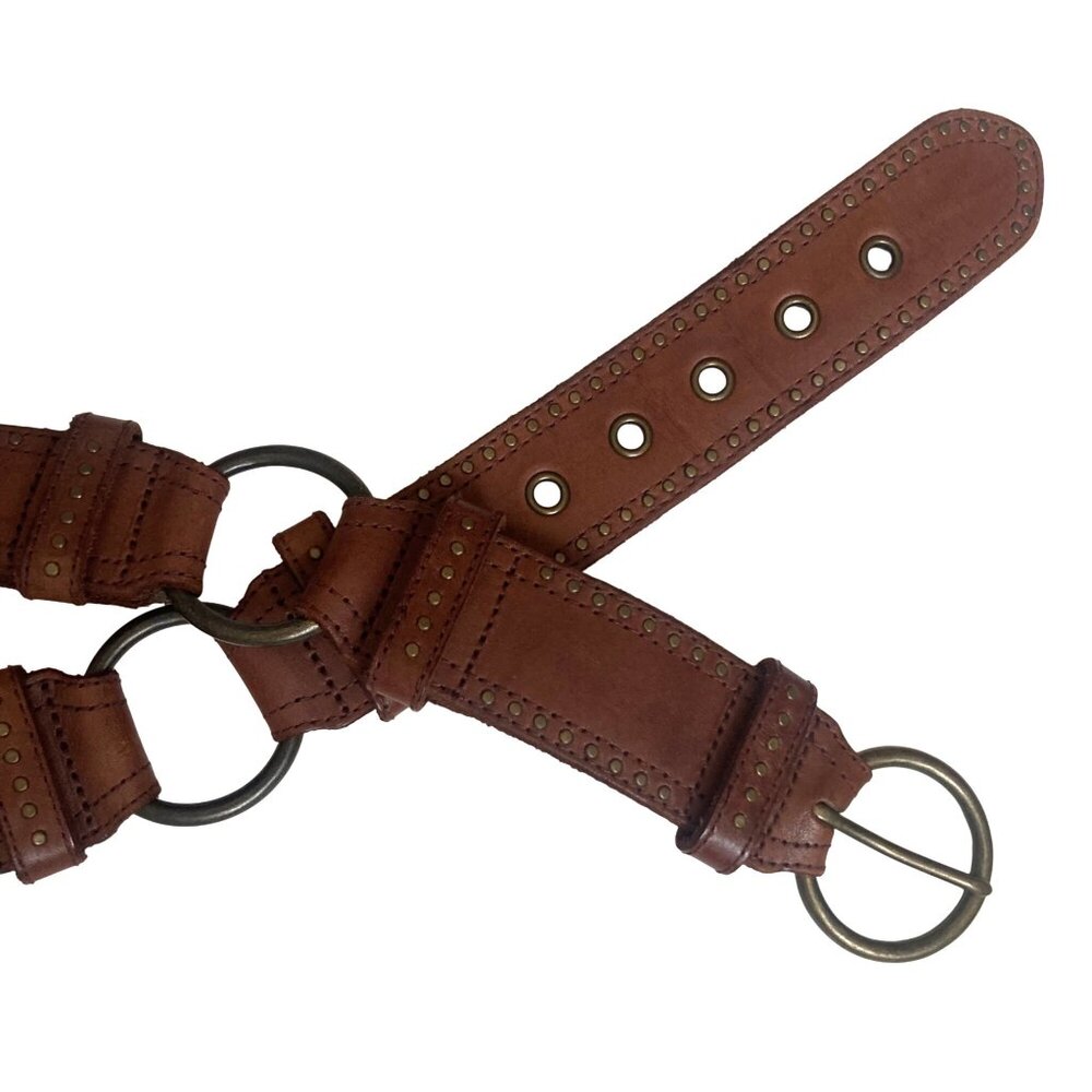 Vintage Y2K Abercrombie & Fitch Boho Brown Leather Belt Large Brass Buckle Studs
